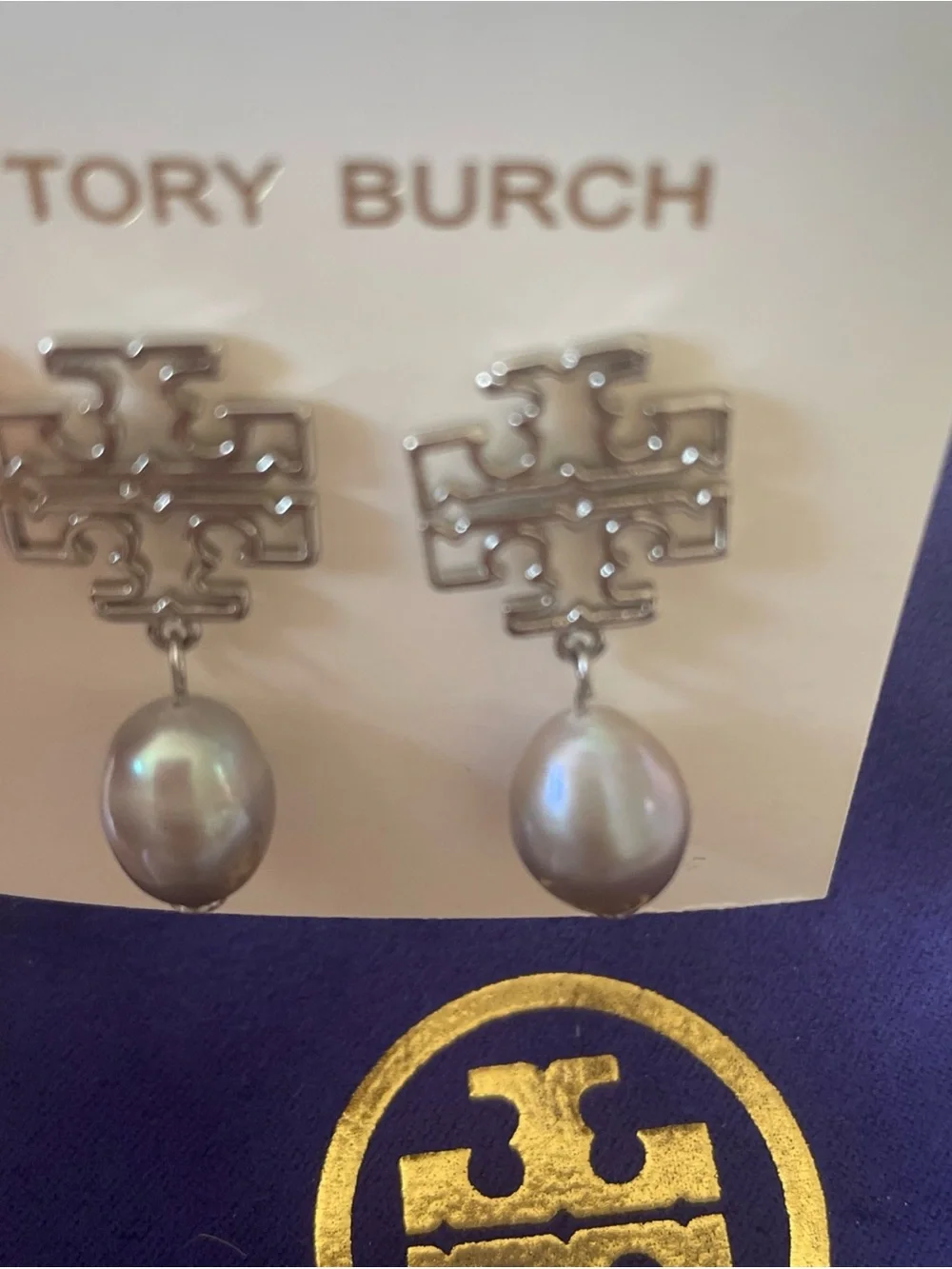 Tory Burch Silver Logo Earrings with Gray Pearl Drops